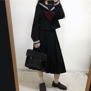 Japanse Donkere Lange Mouwen Sailor Kraag Shirt Hoge Taille Plooirok Jk Uniform Pak, vrouwelijke Herfst School Meisje Uniform