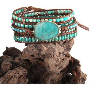 Rh Mode Boho Armbander Blauw Glas & Natuurlijke Stenen Charm 5X Geweven Wrap Armbanden