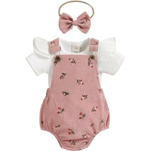 Baby Baby Meisje Zomer Kleding Effen Kleur Fly Mouwen Ronde Hals Tops + Bloem Patroon Jarretel Jumpsuit + Boog Hoofdband