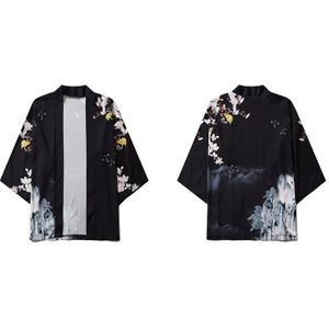 Gonthwid Landschap Schilderen Vogels Bloemenprint Japanse Kimono Vest Shirts Jassen Streetwear Heren Casual Open Voorzijde Jassen
