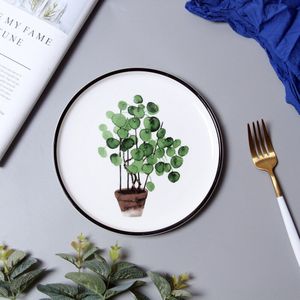 1Pc 8 Inch Groene Planten Porselein Diner Plaat Servies Diner Set Keramische Dessertbord Servies Taart Plaat