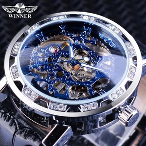 Winnaar Mode Diamant Blauwe Handen Lichtgevende mannen Mechanische Horloges Top Luxe Skeleton Klok Mannelijke