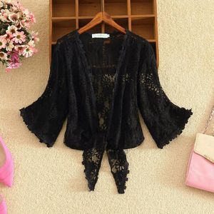 Women Three Quarter Sleeve Solid Sunscreen Clothes Lace Patchwork Cardigan 2022 Summer Versatile Thin Coat Feminino