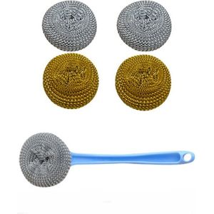 Staaldraad Bal Scrubber Schotel Borstel Roestvrij Staal Lange Handvat Spons Ballen Cleaner Voor Wassen Pot Schotel Pan Kom tool