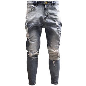 Mens Skinny Patchwork Ripped Jeans Streetwear Lichtblauw Enkellange Broek voor Cowboys Mannen