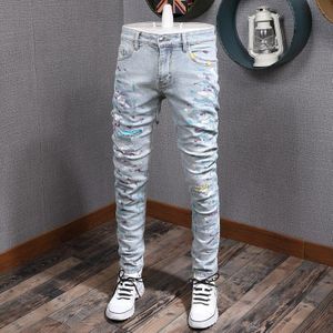 Streetwear Mannen Jeans Lichtblauw Verf Ripped Jeans Mannen Punk Broek Night Club Hip Hop Jeans homme