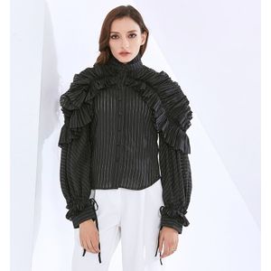 Twotwinstyle Gestreepte Patchwork Ruche Blouse Voor Vrouwen Stand Kraag Lange Mouwen Elegante Overhemd Vrouwelijke Mode Kleding Stijl