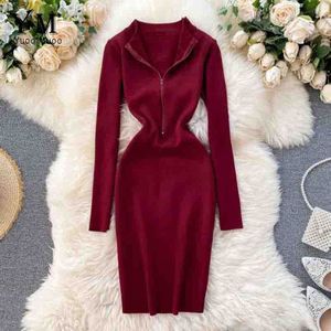 Yuoomuoo Casual Rits Trui Jurk Herfst Winter Vrouwen Gebreide Jurk Elegante Werkkleding Kantoor Jurk Korte Bodycon