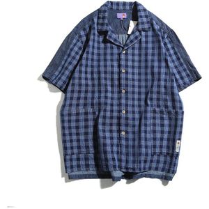 Mannen Plaid Splice Denim Toevallige Korte Mouwen Man Japan Stijl Streetwear Vintage Mode Losse Hip Hop Shirts