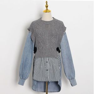 Twotwinstyle Koreaanse Patchwork Gestreepte Blouse Voor Vrouwen O Hals Lange Mouw Toevallige Gebreide Overhemd Vrouwelijke Herfst Mode Tij