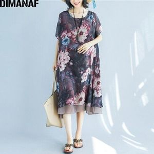 DIMANAF Vrouwen Jurk Zomer Plus Size Chiffon Strand Vestidos Losse Print Bloemen Vrouwelijke Lady Casual Zonnejurk Kleding