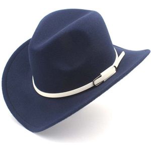 Mistdawn Unisex Vrouwen Mannen Wol Blend Brede Rand Western Cowboy Hoed Cowgirl Cap Jazz Caps Wit Lederen Riem Band Maat 56-58 cm