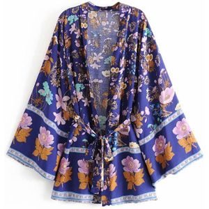 Fitshinling Vintage Herfst Kimono Afdrukken Bloemen Bohemian Flare Mouw Cover-Up Met Sjerpen Slanke Lange Vest Vrouwen