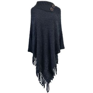 Vrouwen Gebreide Trui Top Half Geopend Kraag Knoppen Warme Sjaal Wrap Fringe Kwasten Zoom Effen Kleur Poncho Cape