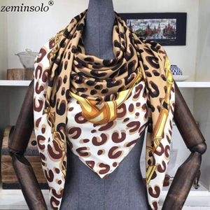 Vrouwen Zijden Sjaal Ketting Print Vierkante Kop Sjaals Wraps Luxe Vrouwelijke Foulard Satijn Sjaals Hijab 130*130 Cm