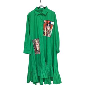 Vrouwen Lente Herfst Mode Groen Geel Geplooide Jurk Casual Leuke Kralen Shirt Jurken Lange Mouwen Plus Size Vestidos