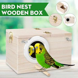 Vogel Papegaai Houten Doos Budgie Nest Houten Doos Kweekbakken Volière Bird House Nesting W/Stok Venster Beveiliging Tuin thuis Yard