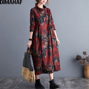 Dimanaf Winter Plus Size Vrouwen Jurk Vintgae Coltrui Elegante Dame Vrouwelijke Vestidos Katoen Dikke Losse Lange Mouwen Kleding