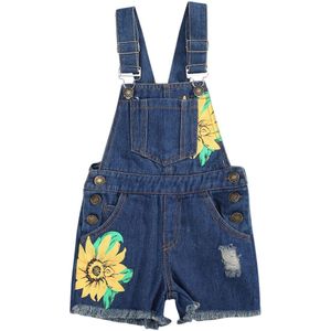 Focusnorm 0-3Y Kids Meisjes Denim Overalls Shorts Zonnebloemen Print Button Blauw Straight Overalls Broek