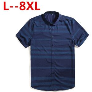 Plus Size 8XL 7XL 4XL Mannen Korte Mouw Blauw Oxford Dress Shirt Katoen Mannelijke Ongedwongen Gestreepte Button Down Shirts 5XL 6XL Big Size