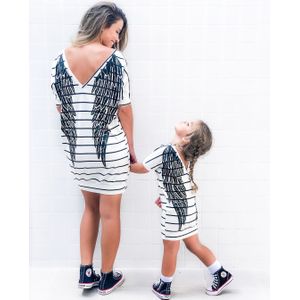 Qunq Moeder En Dochter Jurk Zomer Casual Gestreepte Vleugels Patroon Familie Bijpassende Outfits Wit Vrouwen Meisjes T-shirt Kleding