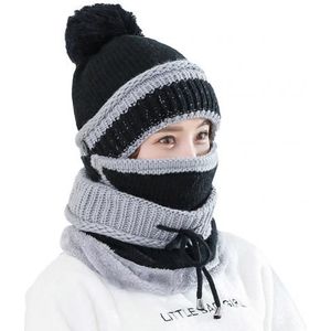 3Pcs Winter Women Thicken Warm Knitted Pompom Beanie Hat Cap Scarf Face Mask Set warm winter for Women girls