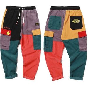 Lovzon Hip Hop Broek Vintage Kleur Blok Patchwork Corduroy Cargo Harem Broek Streetwear Harajuku Jogger Sweatpant Katoen Broek