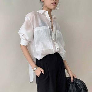 Twotwinstyle Zon Bescherming Tops Voor Vrouwen Revers Lange Mouwen Grote Maat Casual Witte Blouse Vrouwelijke Zomer Mode Tij