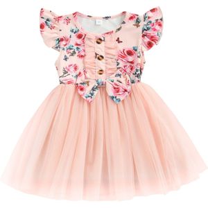 Meisjes Zoete Stijl Jurk, Zomer Bloemen Afdrukken Mesh Splicing Ronde Kraag Fly Mouw Boog Decoratie Prinses Gown