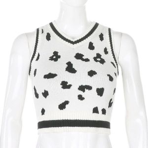 Casual Womens Klassieke Trui Vest Trendy Luipaard Koe Print Mouwloze V-hals Rib Knit Trui Crop Top Truien