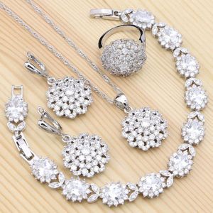 Zilver 925 Engagement Sieraden Sets Voor Vrouwen Bridal Accessoires Wit Zirconia Ring Armband Ketting Hanger Oorbellen Set