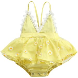 Baby Daisy Print Korte Romper, Meisjes Mouwloze Backless V-hals Tie-Up Jumpsuit Voor De Zomer