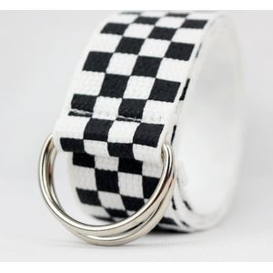 Punk Riem Zwart Wit Plaid Dambord Paar Dubbele Ring Gesp Geruit Canvas Vrouwen Riemen