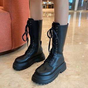 Rimocy Chunky Platform Pu Leer Knie Hoge Laarzen Vrouwen Dikke Zool Lace Up Winter Laarzen Vrouw Punk Stijl Motorlaarzen vrouwelijke