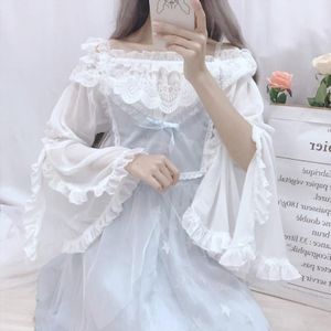 Zomer Leuke Vrouwen Shirt Lange Mouwen Lolita Kleding Chiffon Overhemd Vlinder Mouw Slash Hals Kant Blouses Top Vrouwelijke