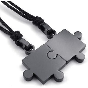 2Pcs Mens Womens Stellen Rvs Puzzel Hanger Liefde Ketting Set, Zwart Zilver