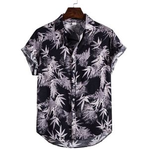 38 # Summerman Shirt Heren Etnische Gedrukt Stand Kraag Katoen Linnen Streep Korte Mouwen Losse Hawaiian Shirt Hawaiian Shirt
