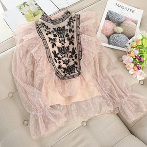 Neploe Elegante Ruches Kant Patchwork Blouse O Hals Flare Lange Mouwen Haak Bloem Borduren Blusas Sexy Hollow Out Shirt 47371