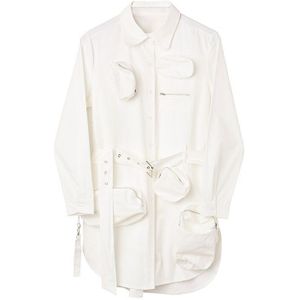 [Eam] Vrouwen Wit Pocket Split Joint Shirt Jurk Revers Lange Mouwen Loose Fit Mode Tij Lente Zomer 1D63400