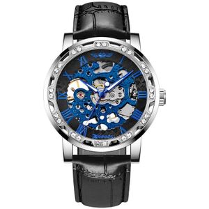 Winnaar Mode Diamant Blauwe Handen Lichtgevende Mannen Horloges Mesh Steel Skeleton Hand wind Mechanische Mannelijke Klok