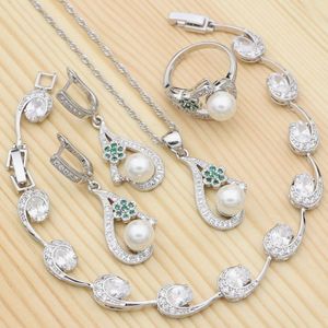 Zilver 925 Bruids Sieraden Sets Voor Vrouwen Witte Parel Groene Zirconia Ketting/Oorbellen/Armband/Hanger/ring