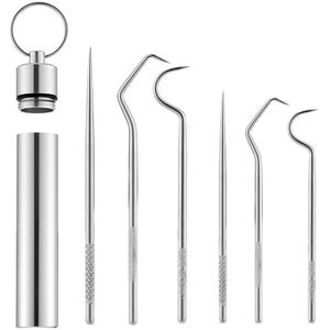 6Pcs Draagbare Herbruikbare Rvs Tandenstokers Metalen Tand Schraper Dental Picks Haken Cleaning Kit Met Tandenstokers Houder