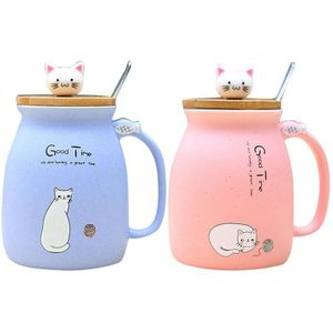 2 Stuks Sesam Kat Hittebestendig Cup Kleur Cartoon Met Deksel Cup Kitten Melk Koffie Keramische Mok Kinderen cup Kantoor -Blu