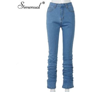 Simenual Ruches Denim Blauw Hoge Wachten Gestapeld Broek Herfst Vrouwen Kleding Streetwear Jeans Skinny Pockets Broek