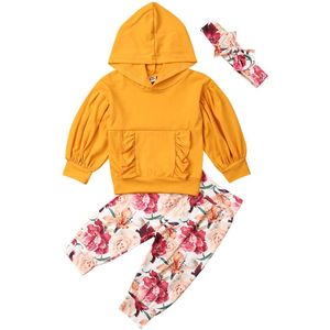 0-24M Peuter Baby Meisje Kleding Effen Kleur Hoodie + Bloemen Zweet Broek + Hoofdband