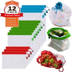 12Pcs 3 Maten Herbruikbare Mesh Produceren Tas Wasbaar Milieuvriendelijke Tassen Voor Houder Voor Boodschappentassen Fruit Groente Organizer Pouch