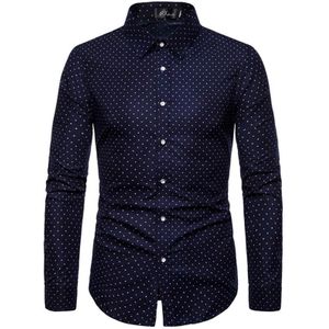 Streetwear Mannen Shirt Lange Mouw Dot Print Navy Casual Slim Camisa Masculina Grote Maat M-5XL