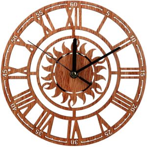 Wandklokken - 23 cm - Houten Wandklok - Ronde Vorm - Zon Patroon - Romeinse Cijfers