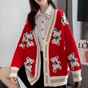 Vangull Mode Cartoon Beer Print Vrouwen Vesten Trui Koreaanse Winter Losse Oversized Lange Mouwen Gebreide Dames Trui