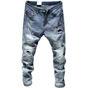 Ripped Jeans Voor Mannen Skinny Slim Fit Light Blue Spring Gerafeld Streetwear Hip Hop Denim Broek Patchwork Mannen &#39;S Broek
